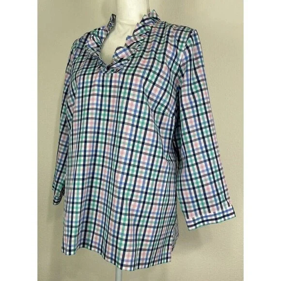 Talbots Petite No Iron Multi Color Ruffle-Neck Popover Gingham Tunic Size 16P - Picture 7 of 13